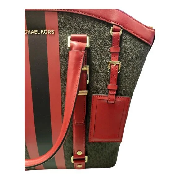 Michael Kors Bedford Travel Large Logo Stripe Dome Tote Bag Red NEW - Picture 2 of 7